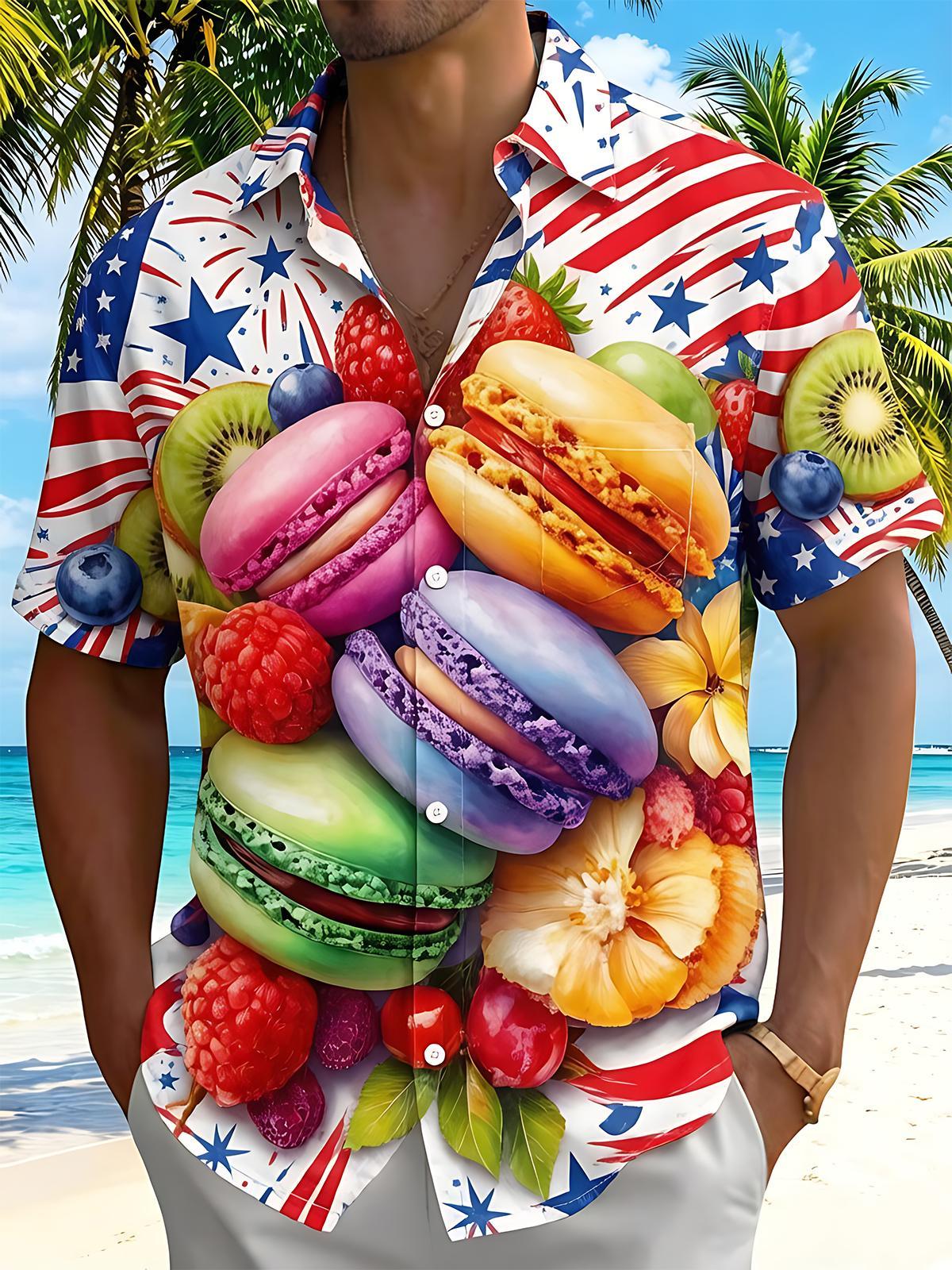American Flag Macaron And Fruit Independence Day Men's Pocket Short Sleeve Shirts