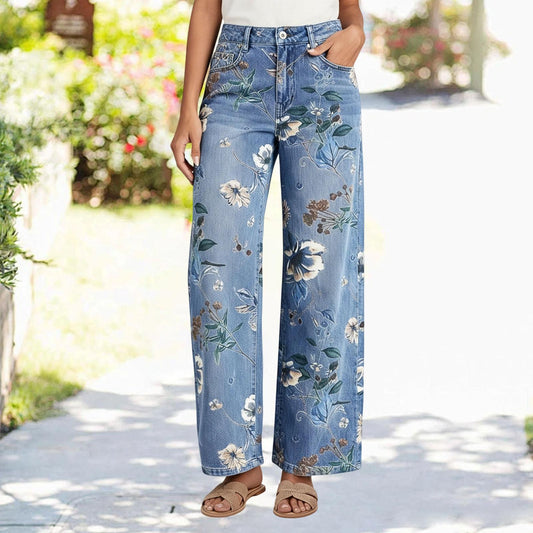 Floral Print Jeans for Women High Waist Vintage Wide Leg Denim Pants Loose Fit Fashion Trousers for Dating superbly