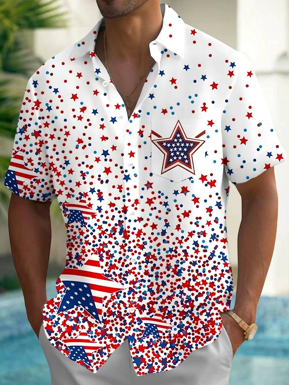 Independence American Flag Star Men's Pocket Short Sleeve Shirts