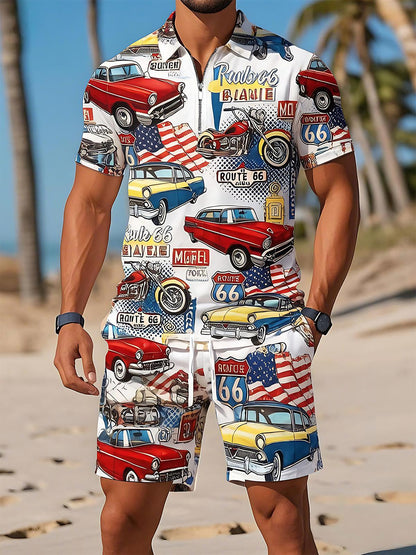 Independence Day Route 66 Vintage Classic Car American Motorcycle Men's Print Pocket Shorts