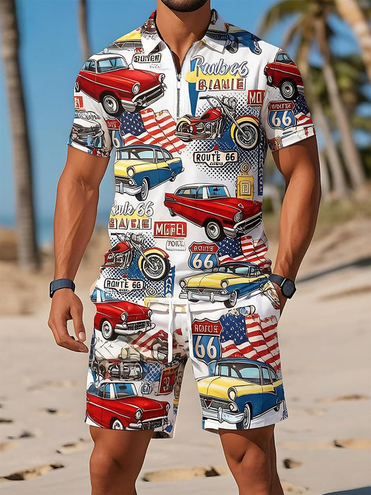 Independence Day Route 66 Vintage Classic Car American Motorcycle Men's Print Pocket Shorts