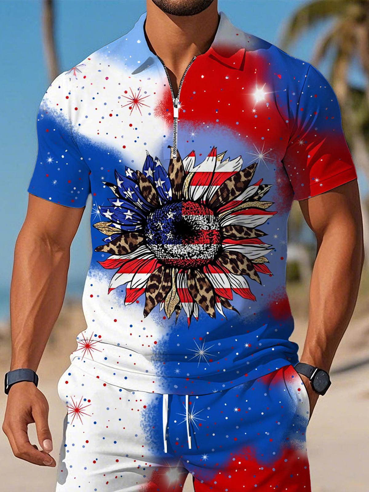 Independence Day Sunflower Gradient Print Men's Short Sleeve Zipper Polo Set