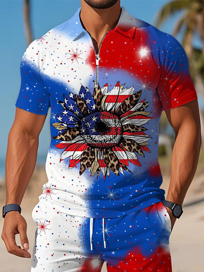Independence Day Sunflower Gradient Print Men's Short Sleeve Zipper Polo