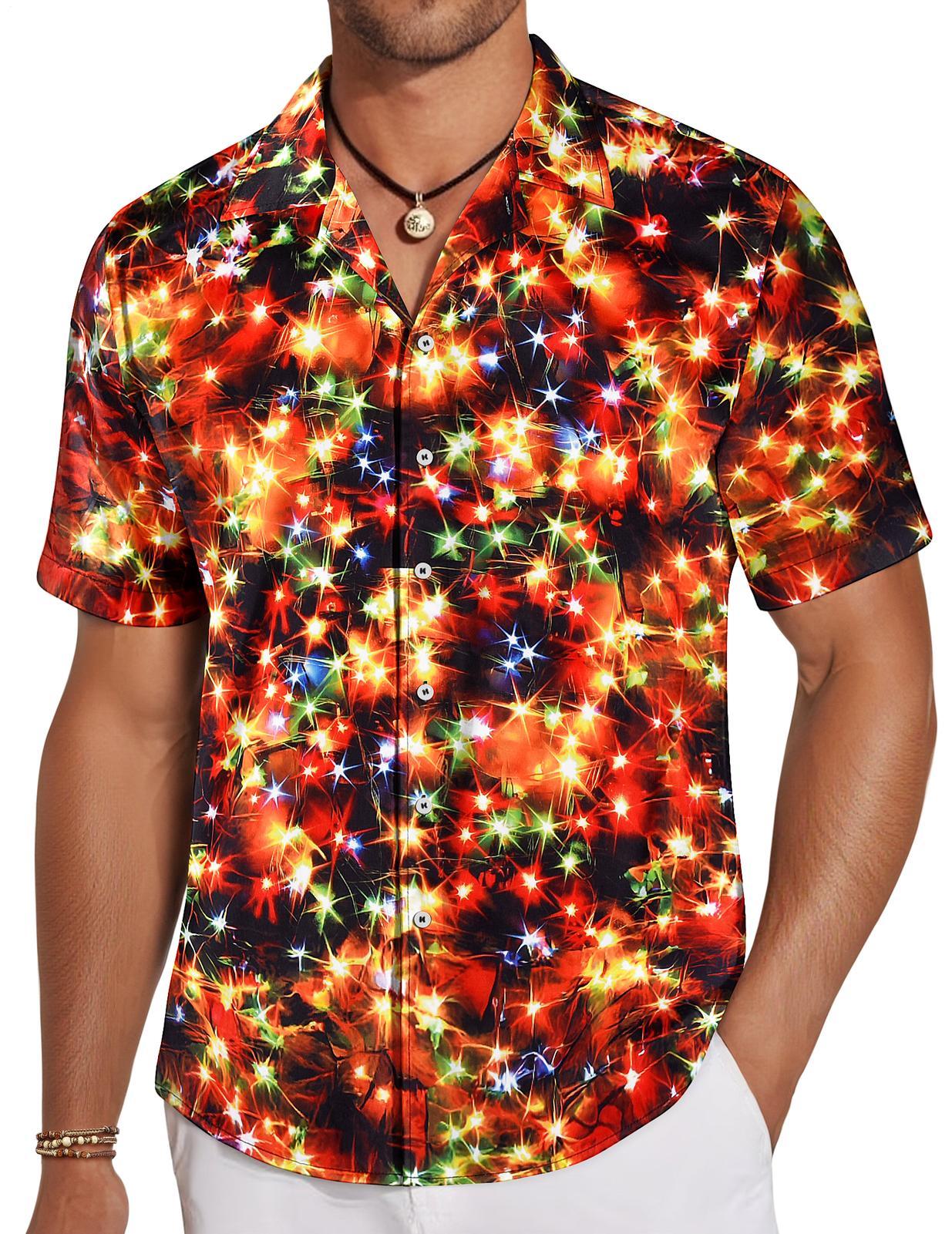 Mens Christmas Shirt Christmas Neon Print Casual Button Down Holiday Shirt Short Sleeve Loose Tops for Everyday Wear judicious