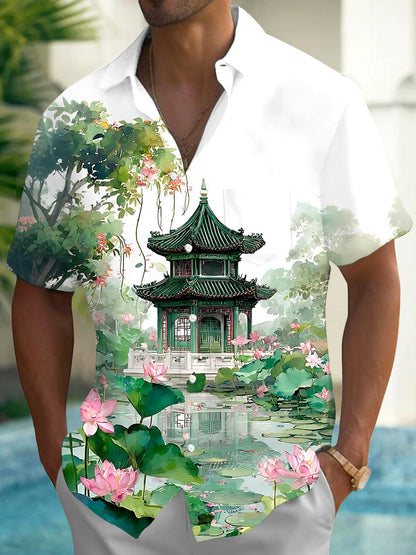Courtyard Lotus Men's Pocket Short Sleeve Shirts