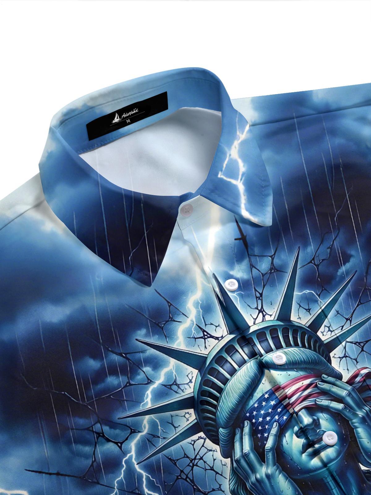 Independence Day Statue of Liberty American Flag Print Men's Pocket Short Sleeve Shirts