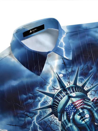 Independence Day Statue of Liberty American Flag Print Men's Pocket Short Sleeve Shirts