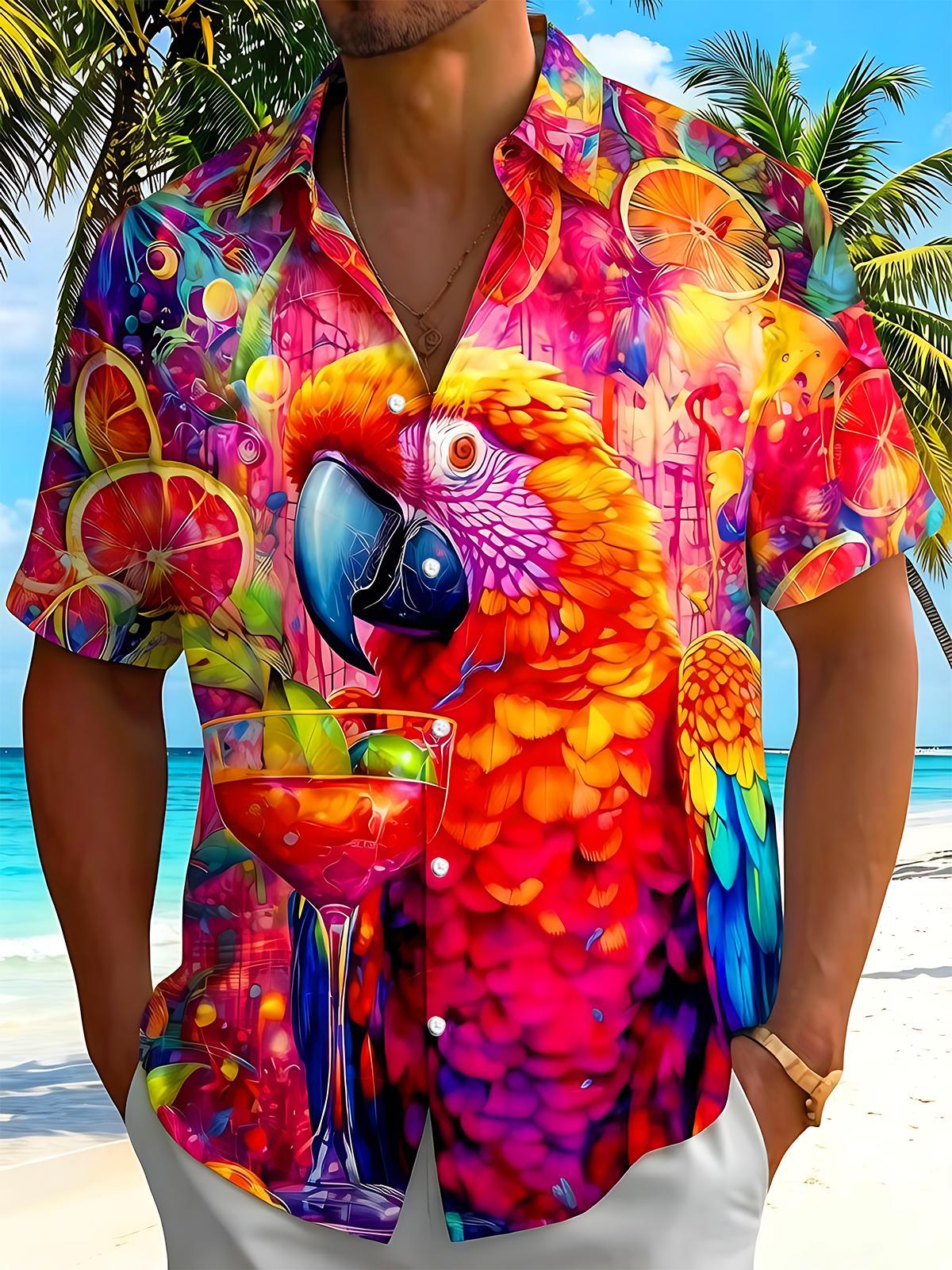 Hawaiian Tropical Parrot Cocktail Summer Graffiti Men's Pocket Short Sleeve Shirts