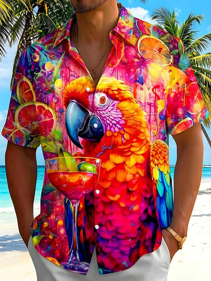 Hawaiian Tropical Parrot Cocktail Summer Graffiti Men's Pocket Short Sleeve Shirts