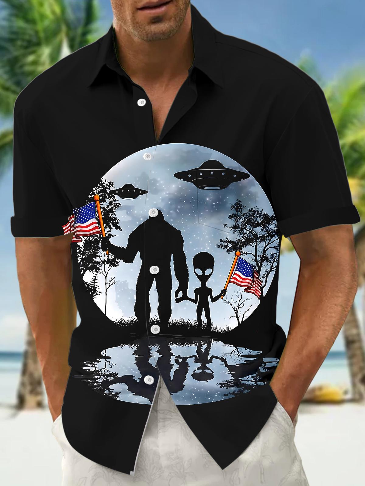 Independence American Flag Alien Men's Pocket Short Sleeve Shirts