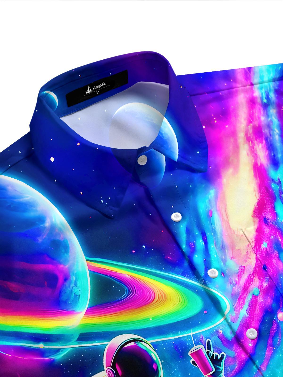 Fun Neon Colorful Astronaut & Alien Pizza Party Men's Pocket Short Sleeve Shirts
