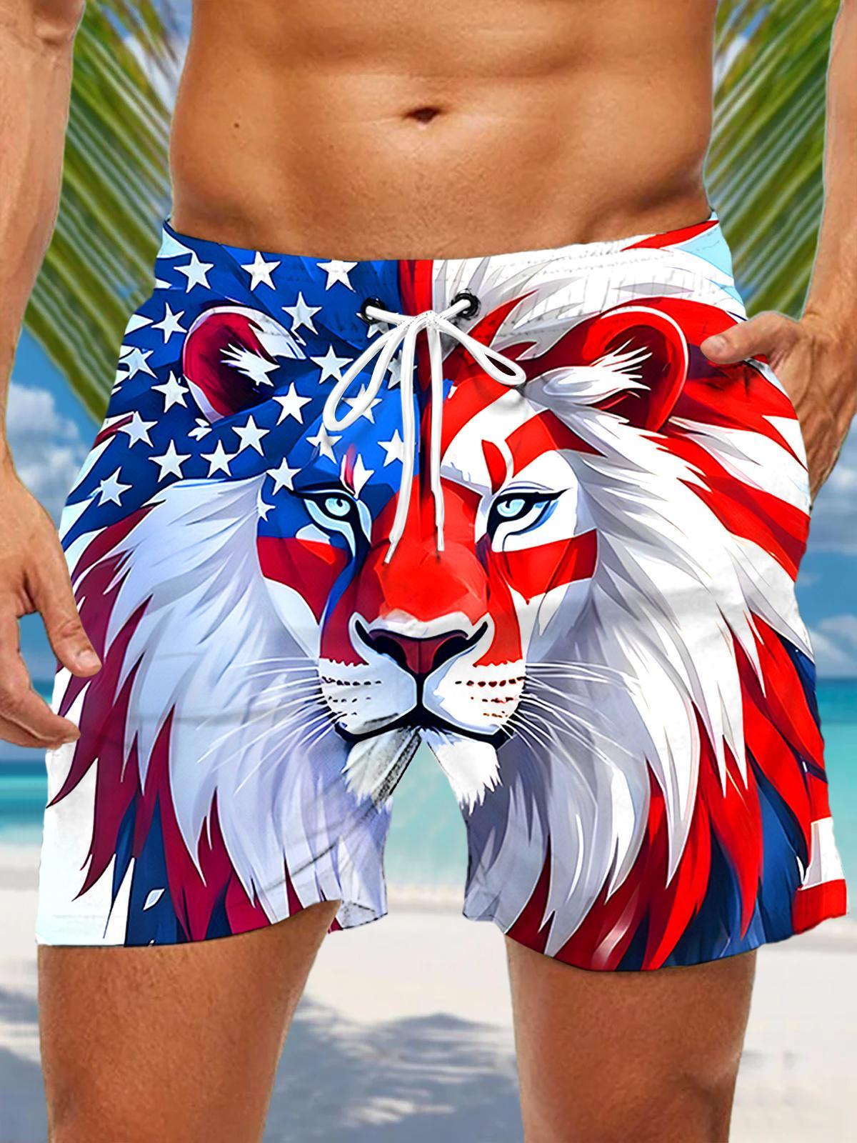 Lion American Flag Men's Print Pocket Shorts