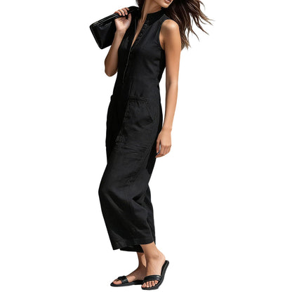 Sleeveless Jumpsuits for Women Button Front Stand Collar Sleeveless Loose Wide Leg Jumpsuit for Vacation charmingly
