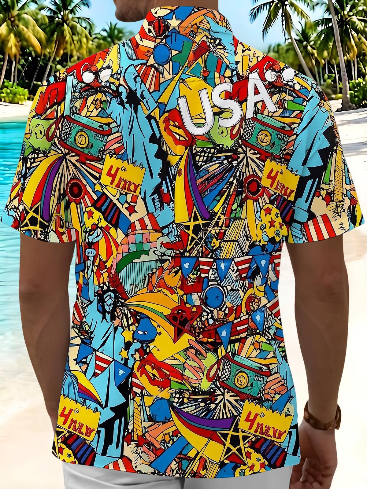 American Independence Day Colorful Graffiti Men's Pocket Short Sleeve Shirts