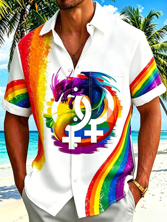 Pride Month Colorful Dragon Men's Pocket Short Sleeve Shirts