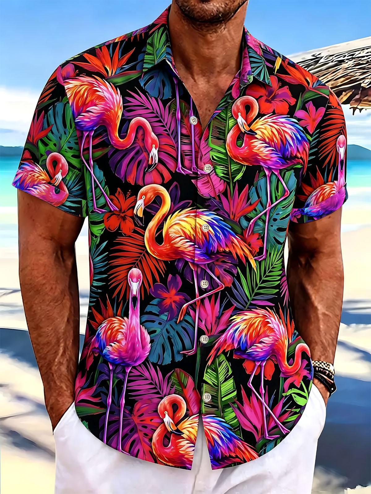 Flamingo Hawaiian Print Men's Pocket Short Sleeve Shirts