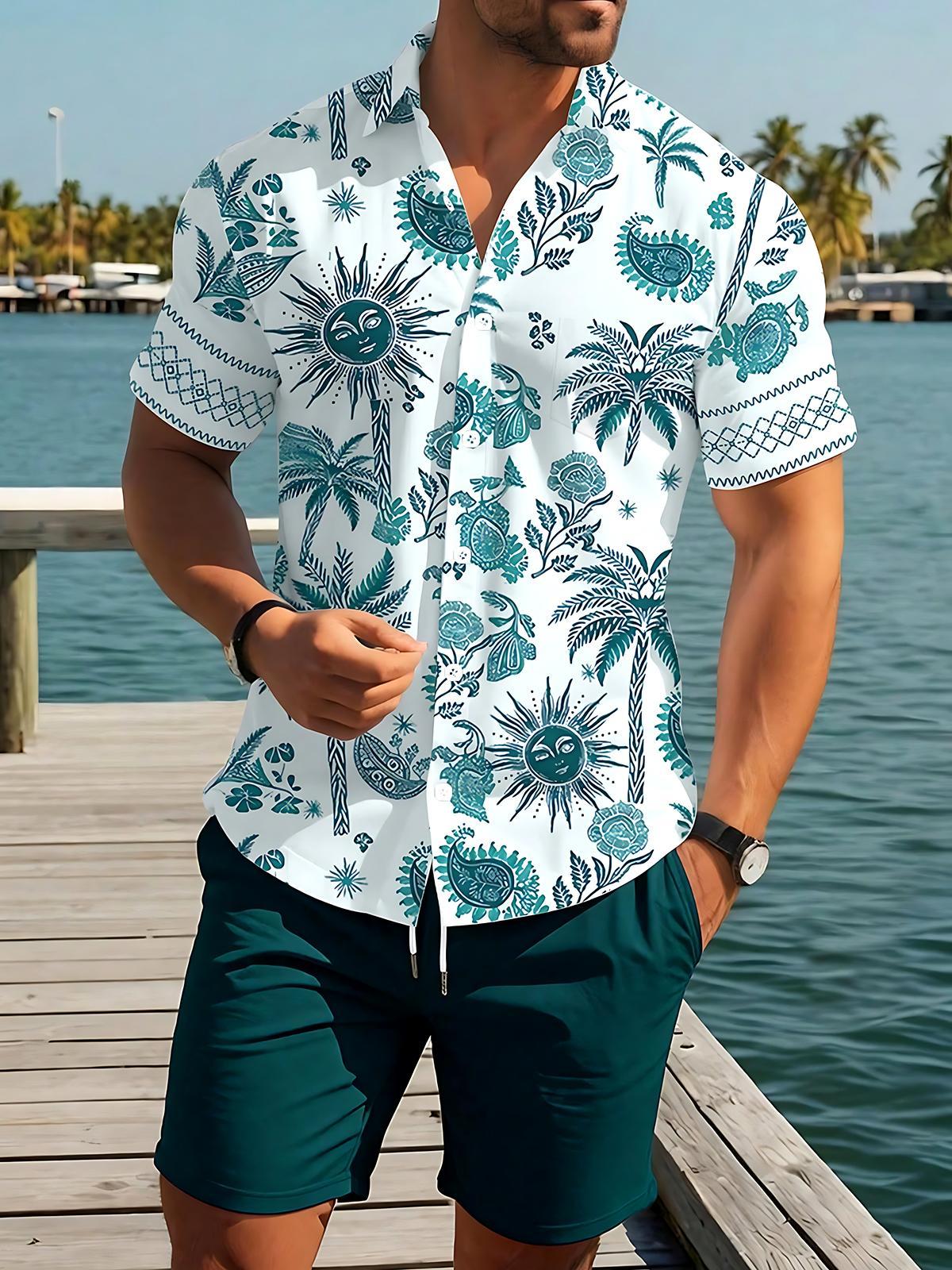 Hawaiian Coconut Tree Men's Short Sleeve Pocket Shirts And Shorts Set