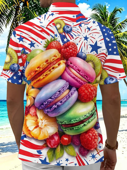 American Flag Macaron And Fruit Independence Day Men's Pocket Short Sleeve Shirts