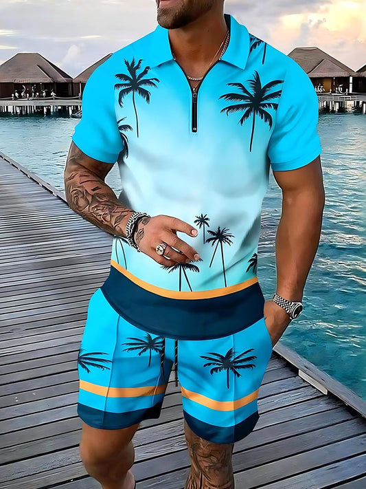 Hawaiian Coconut Tree Men's Short Sleeve Zipper Polo And Shorts Set