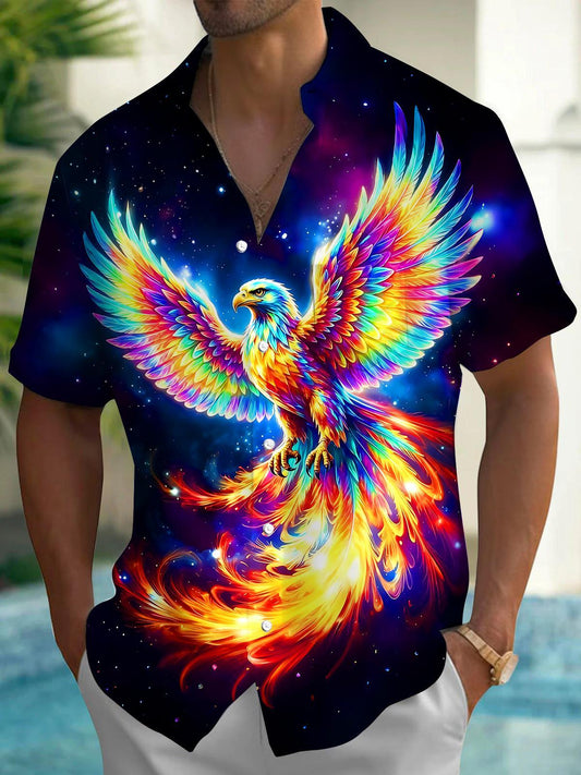 Dark Starry Sky Iridescent Eagle Spreading Wings Men's Pocket Short Sleeve Shirts