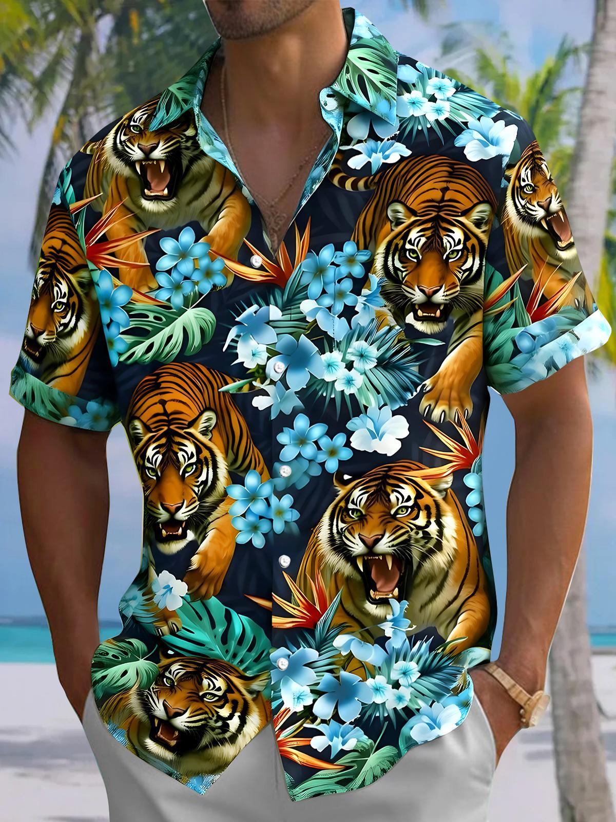 Hawaiian Tiger Floral Men's Pocket Short Sleeve Shirts