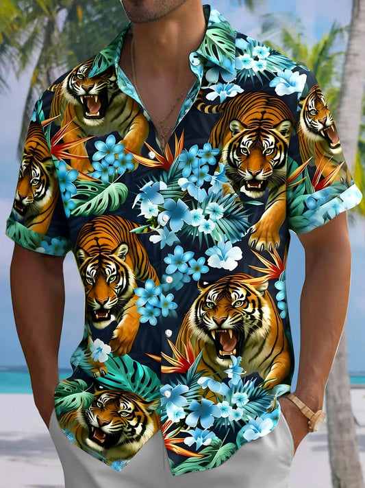 Hawaiian Tiger Floral Men's Pocket Short Sleeve Shirts