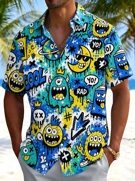 Funny Monster Moon Graffiti Print Men's Pocket Short Sleeve Shirts