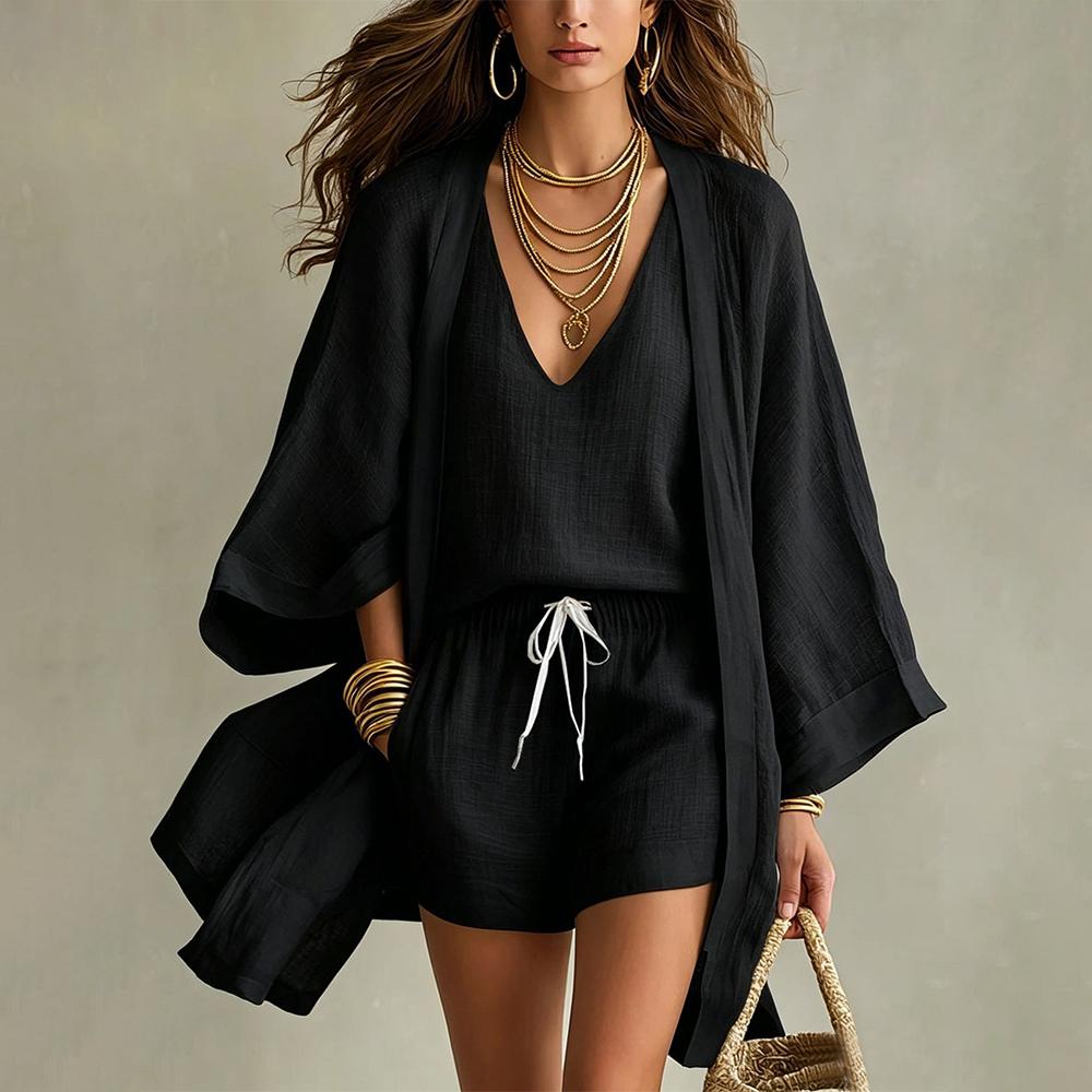 Womens 3 Piece Lounge Sets Breathable Loose Cardigan Sleeveless Tank Top Drawstring Shorts Sets for Travel elegant