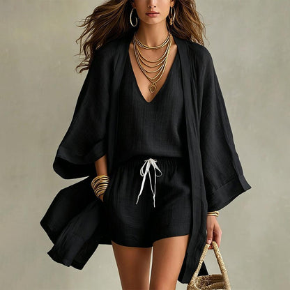 Womens 3 Piece Lounge Sets Breathable Loose Cardigan Sleeveless Tank Top Drawstring Shorts Sets for Travel elegant