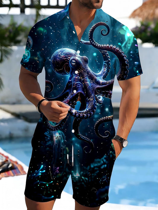 Hawaiian Octopus Men's Short Sleeve Pocket Shirts And Shorts Set