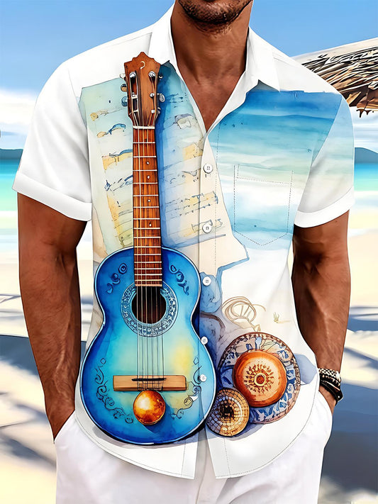 Watercolor Guitar Sheet Music Vacation Men's Pocket Short Sleeve Shirts
