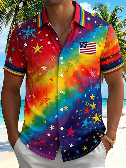 Pride Month Colorful Gradient Stars American Flag Men's Pocket Short Sleeve Shirts