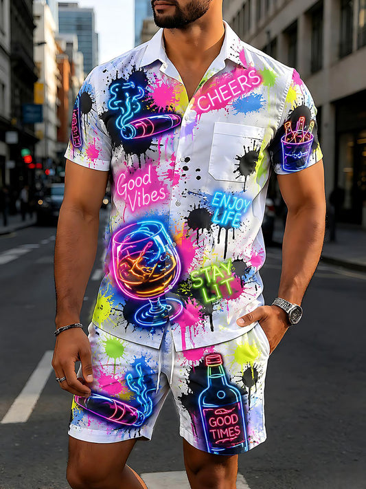 Neon Wine Cigar Party Men's Short Sleeve Pocket Shirts And Shorts Set