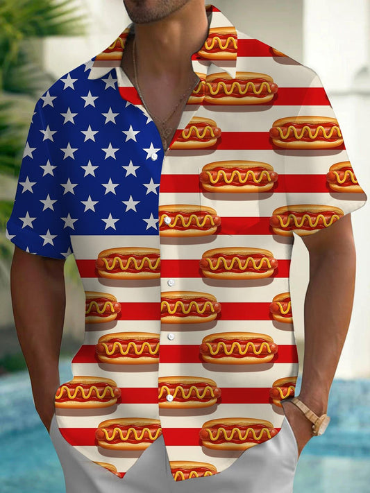 Independence Day American Flag Hot Dog Print Men's Pocket Short Sleeve Shirts