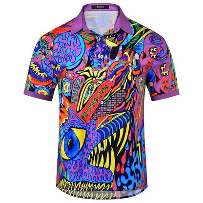 Mens Hawaiian Shirt Abstract Art Print Short Sleeve Button Down Tropical Shirts Summer Beach Tops for Travel Vacation welcoming