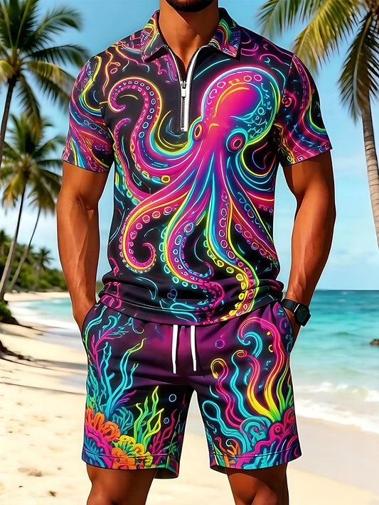 Neon Colorful Octopus Ocean Men's Short Sleeve Zipper Polo And Shorts Set