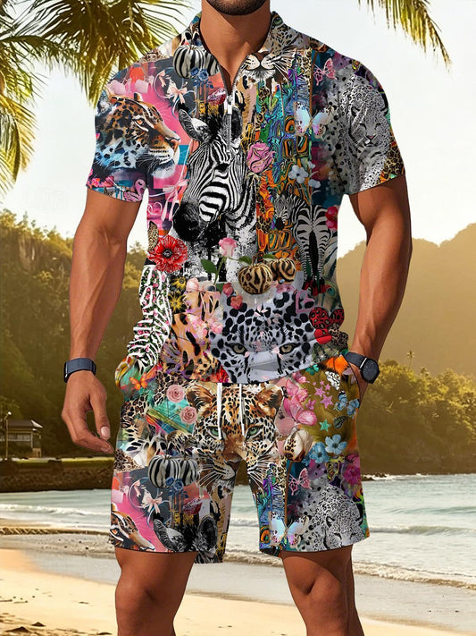 Animal Print Men's Short Sleeve Zipper Polo And Shorts Set
