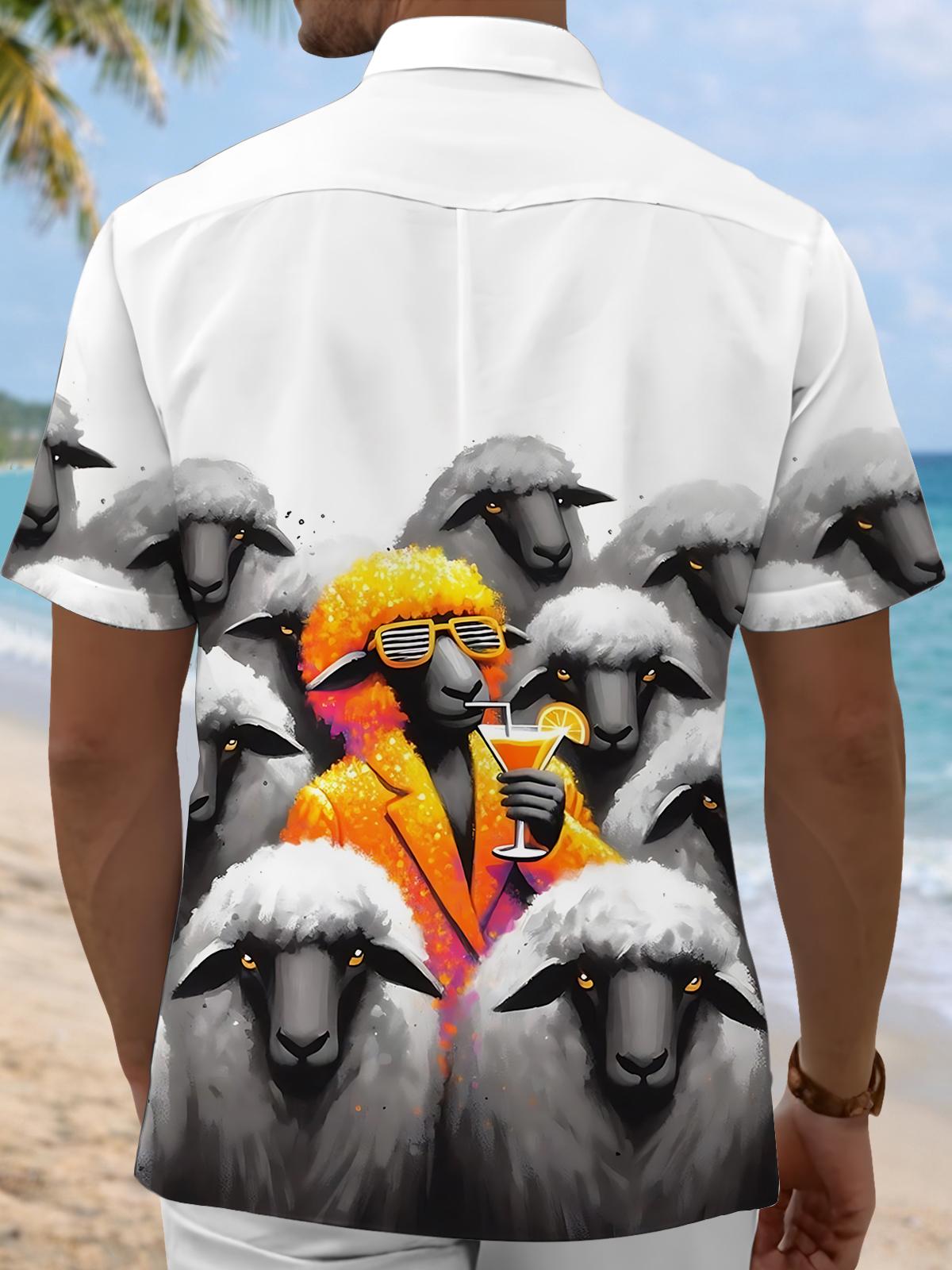 Sheep Print Men's Pocket Short Sleeve Shirts