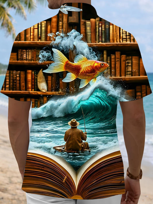 Fun Fishing Bookshelf Goldfish Wave Fisherman Men's Pocket Short Sleeve Shirts