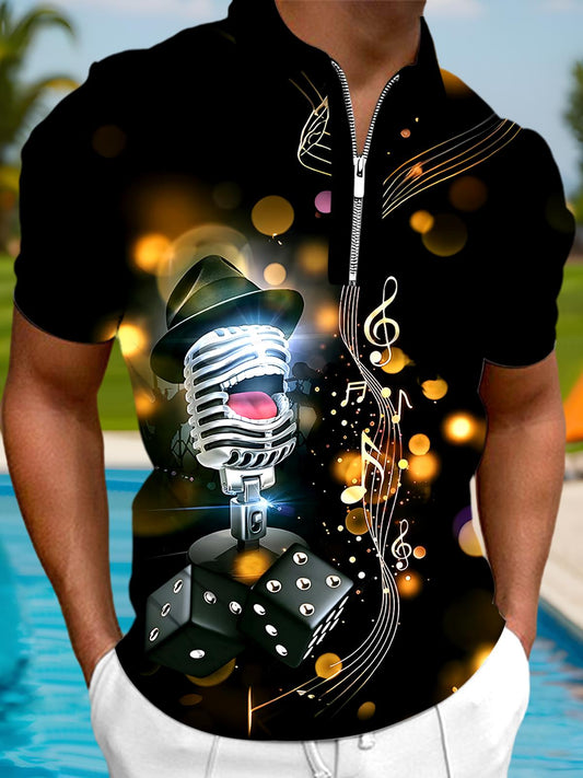 Microphone Musical Note Men's Short Sleeve Zipper Polo