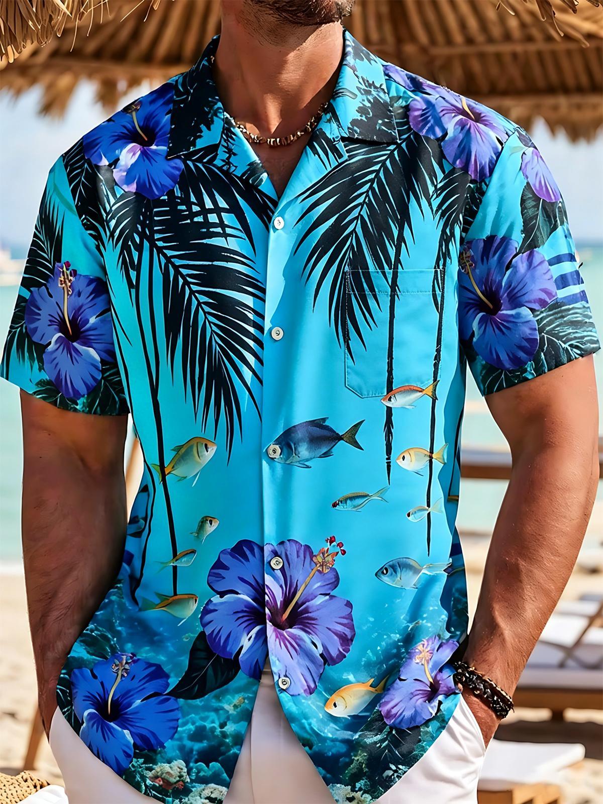 Hawaiian Fish Floral Men's Pocket Cuban Collar Short Sleeve Shirt