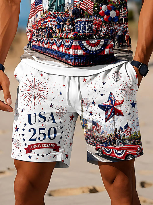 Independence Day USA 250th Anniversary Statue Of Liberty Parade Men's Print Pocket Shorts
