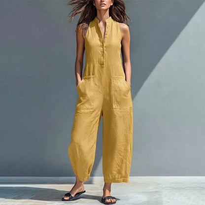 Sleeveless Jumpsuits for Women Button Front Stand Collar Sleeveless Loose Wide Leg Jumpsuit for Vacation charmingly