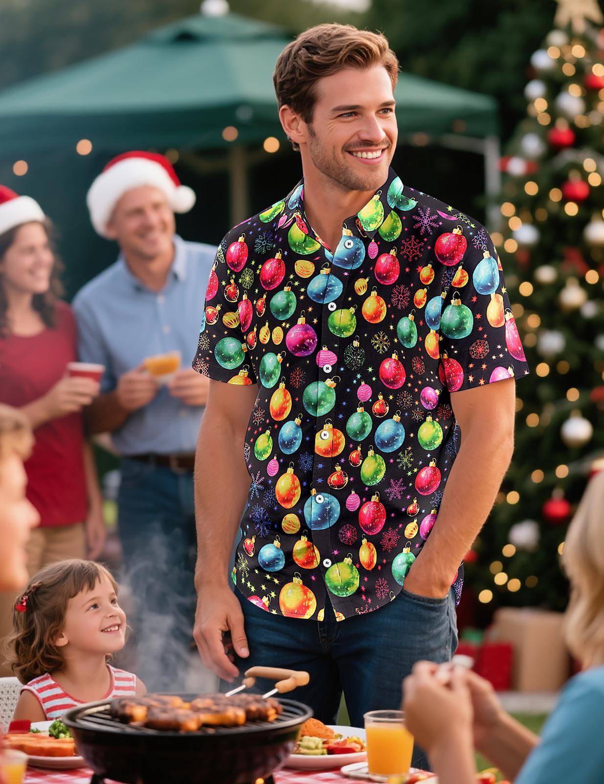 Christmas Hawaiian Shirts for Men Christmas Ball Funny Fashion Holiday Shirt Loose Fit Casual Clothes for Daily Wear well-liked