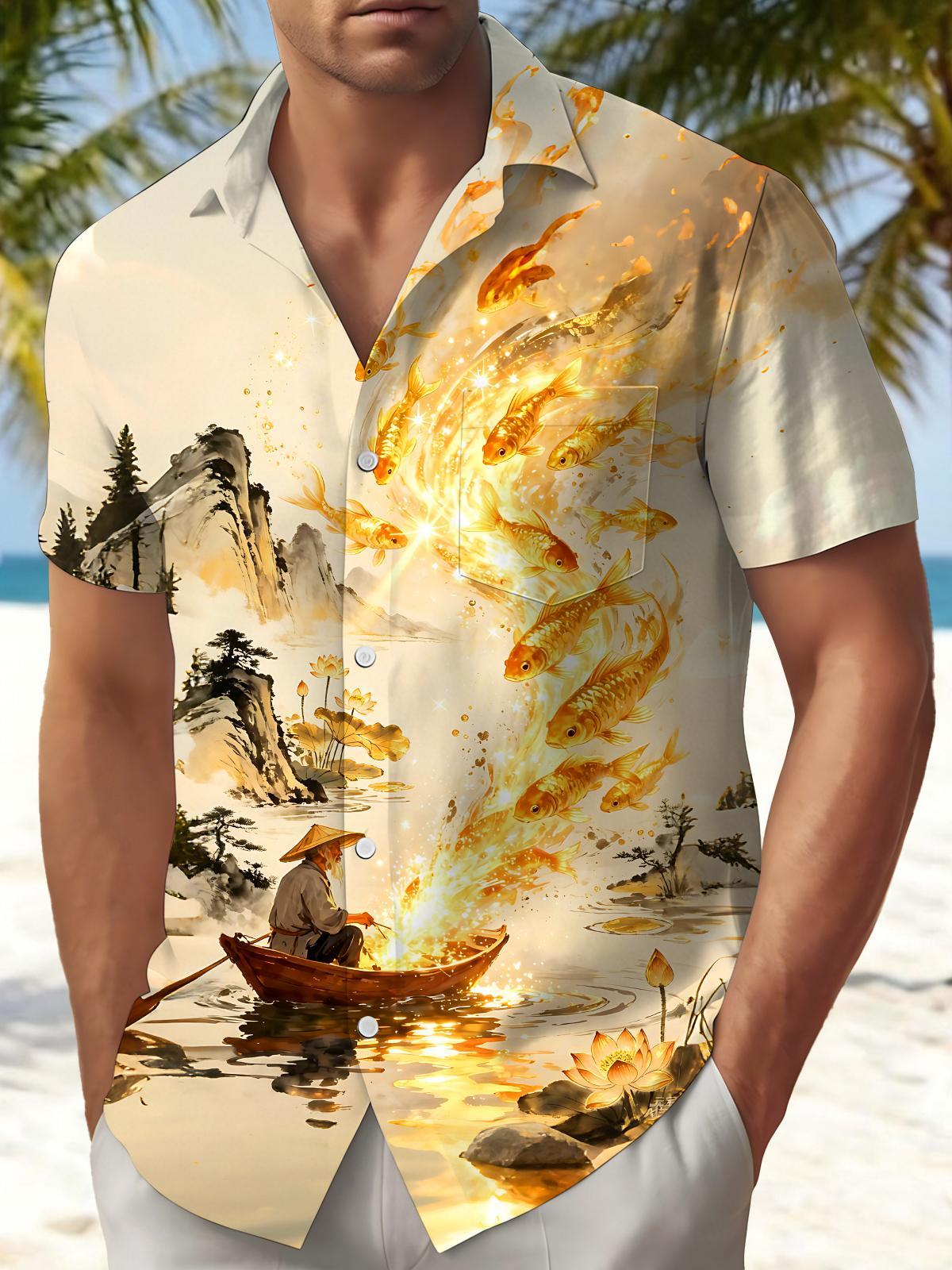 Art Golden Koi Lotus & Landscape Men's Pocket Short Sleeve Shirts